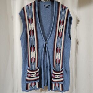 Chaps Sweater Vest Womens 1X Blue Aztec Southwestern Knit Navajo Native American